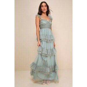 Lulus Pure Radiance Sage Brush Mesh Swiss Dot Tiered Maxi Dress Green - Size XS